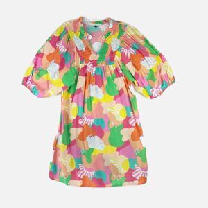 MICHELLE McDOWELL Bright Preppy Spring Puff Sleeve Smocked VNeck Dress Sz Medium